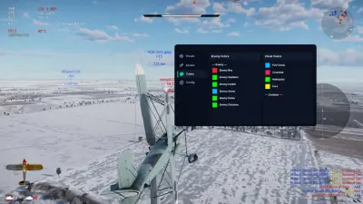 War Thunder aircraft above a snowy battlefield with a visual configuration menu open