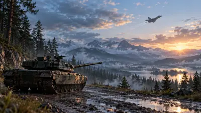 Tank and fighter aircraft overlooking a mountain valley at sunrise before a War Thunder session