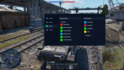 War Thunder rail-yard battle with the visual color configuration menu open