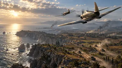 Two fighter aircraft above a coastal battlefield with tanks moving below